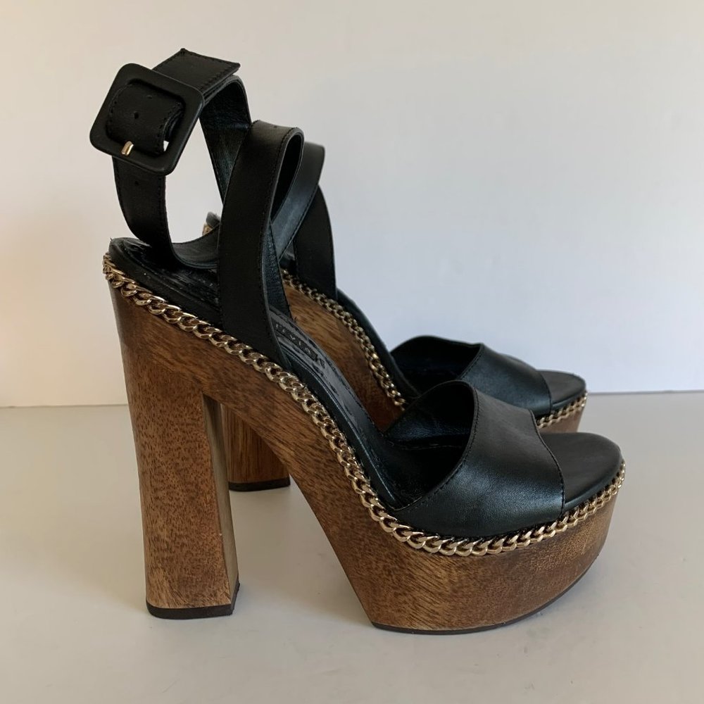 Alice + Olivia Faira Black Leather Open Toe Wood Platform Heel Sandal 7 Women
